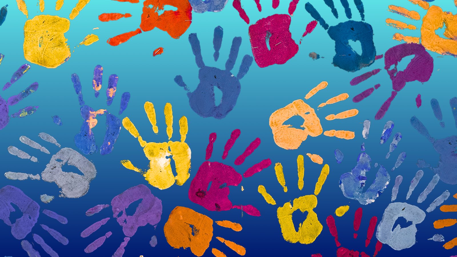 Overlapping multicolored painted handprints of varying sizes on a blue background.