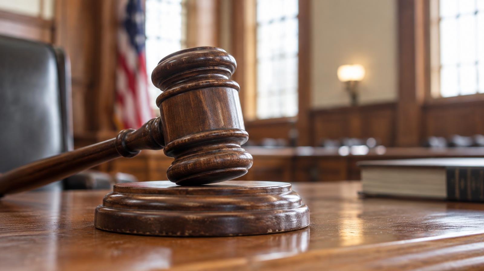 A wooden gavel resting on its sound block on a courtroom bench.