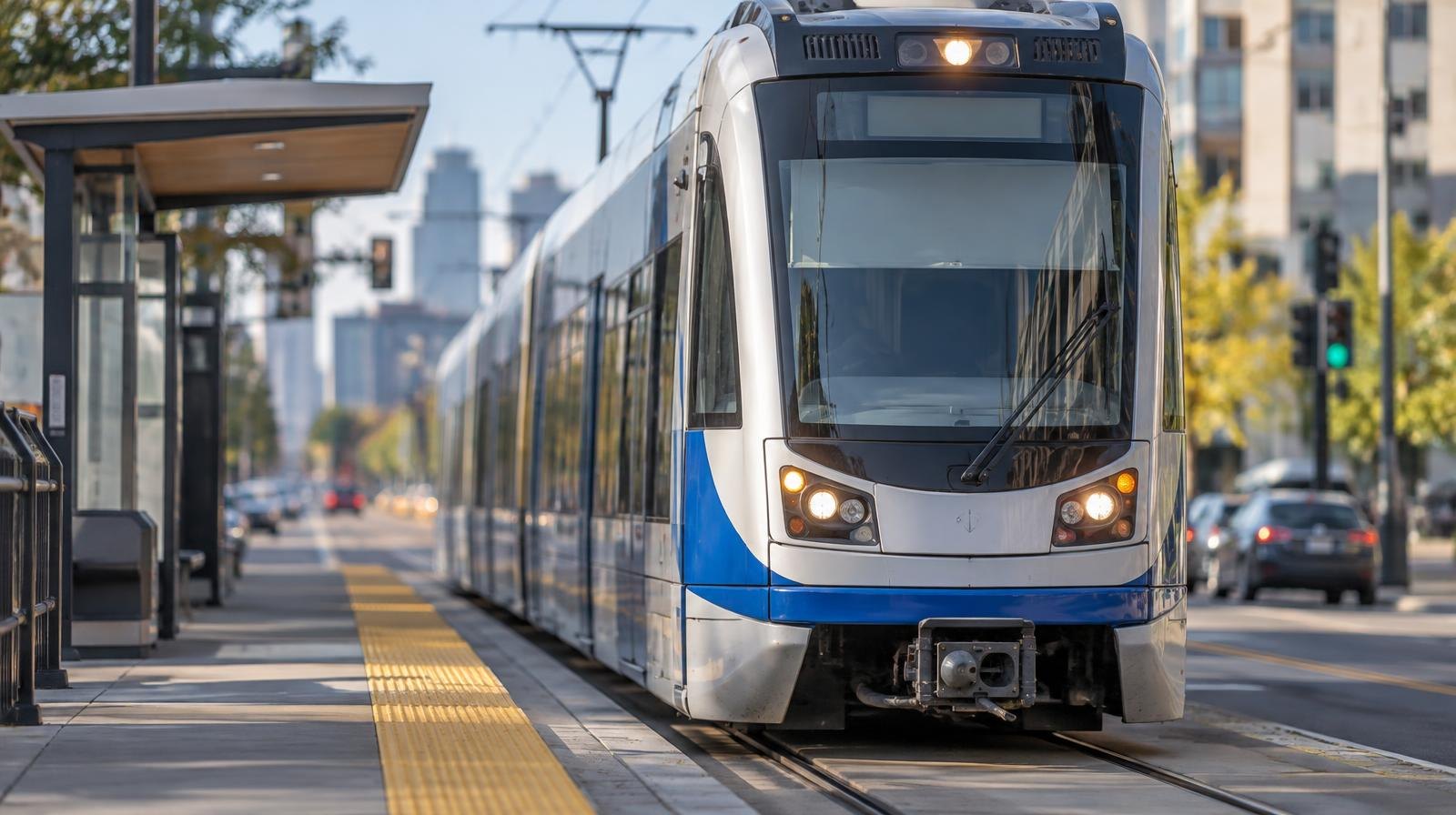 A light rail train travels along tracks in the center of a wide urban boulevard.
