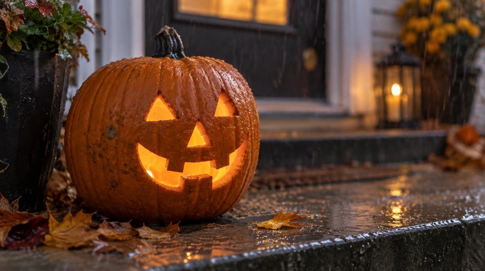 Glowing carved pumpkin on a wet doorstep with rain falling around it.