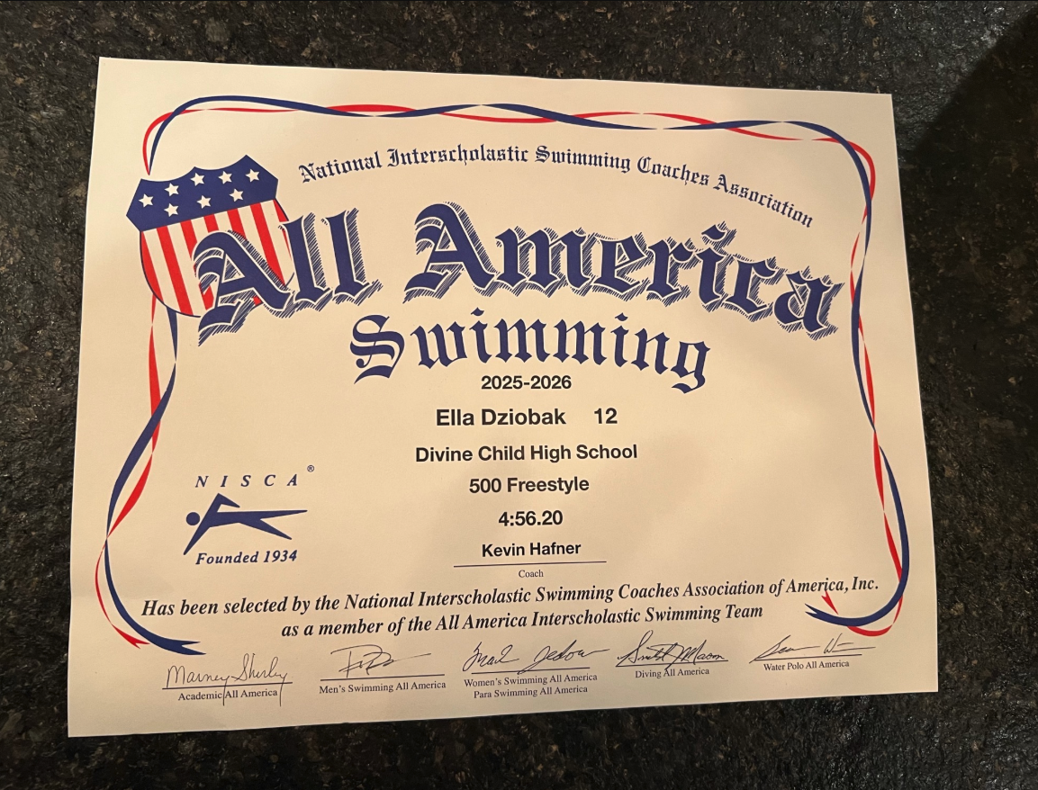NISCA certificate recognizing Ella Dziobak of Divine Child High School for a 4:56.20 time in the 500 freestyle.
