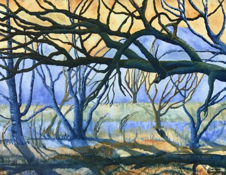 Painting of dark, bare-branched trees with blue trunks silhouetted against a glowing orange and blue sky, reflected in the water and marsh grass below.