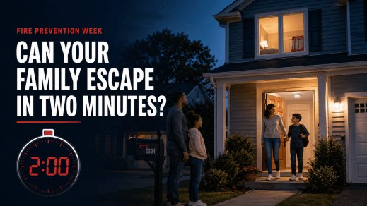 Promotional graphic showing a family outside a house at night with a two-minute countdown timer.