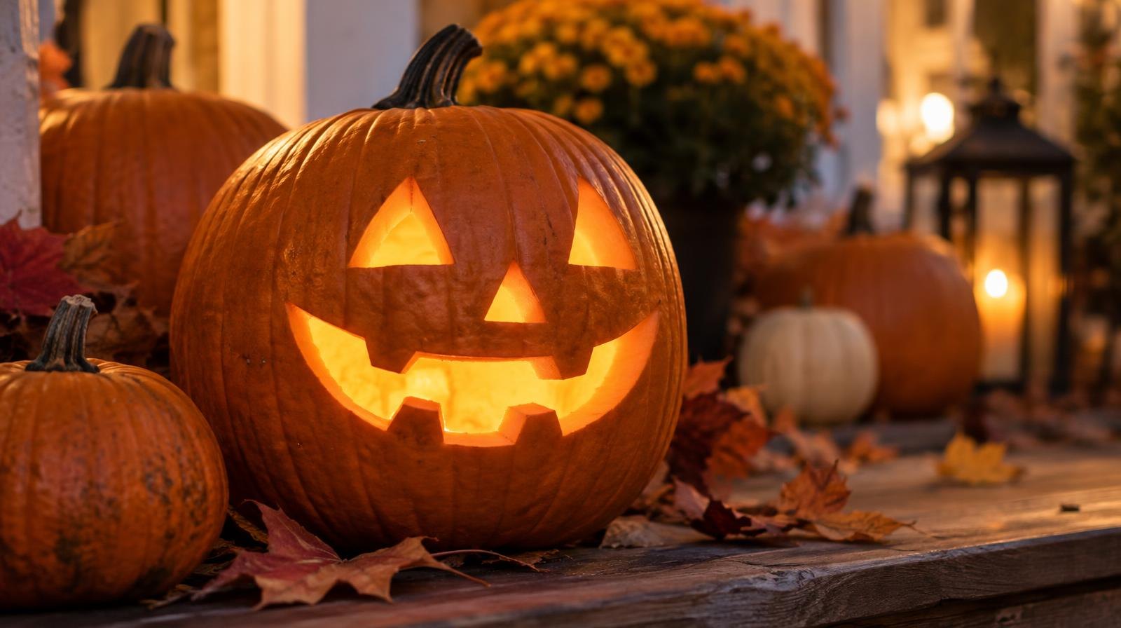 A glowing carved pumpkin surrounded by uncarved pumpkins and autumn leaves.