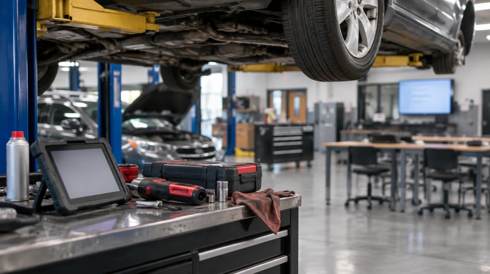 Car raised on a lift in a clean automotive lab with tools on a nearby workbench.