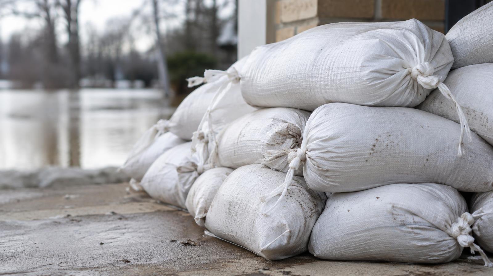 A neat stack of white pre-filled sandbags on a concrete surface.