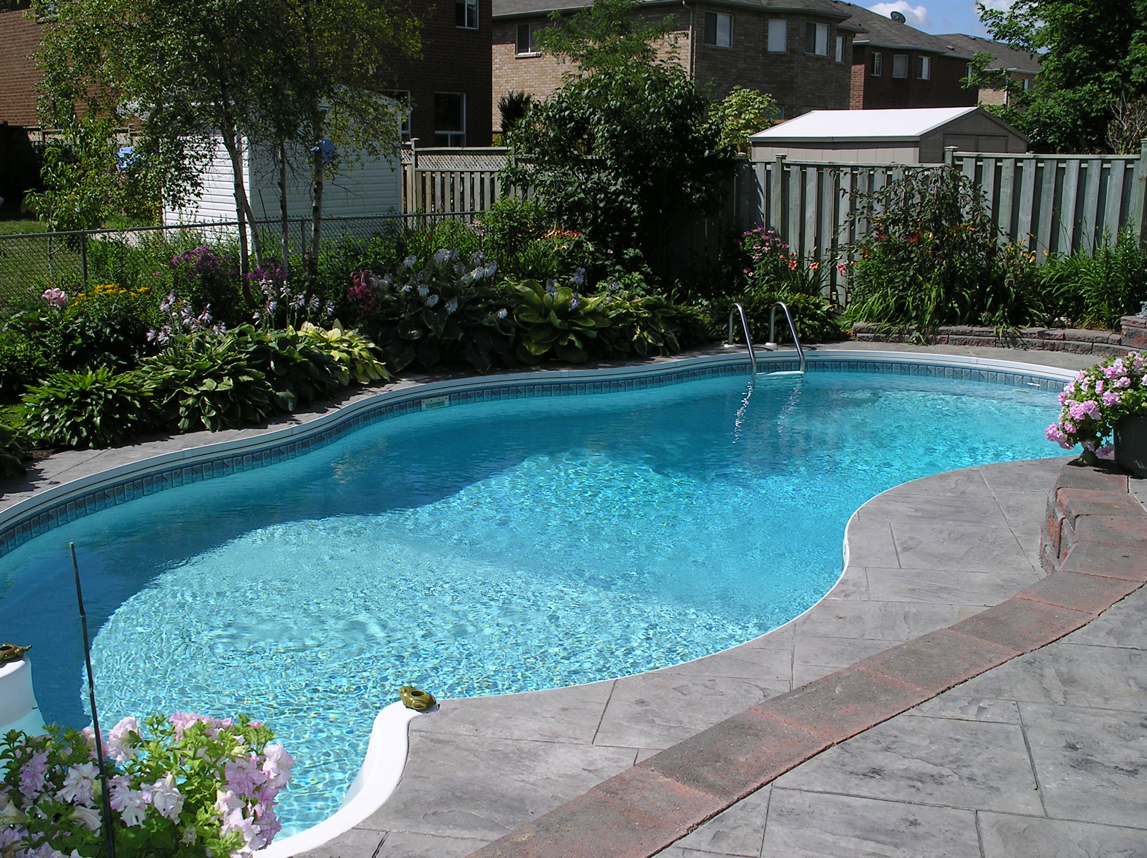 A freeform in-ground backyard swimming pool with blue water and stone patio surround.