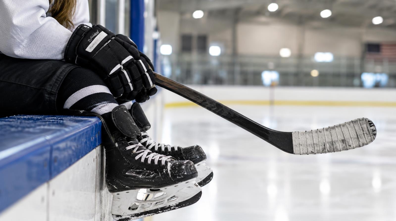 Hockey stick, gloves, and skates resting on the boards of an ice rink.