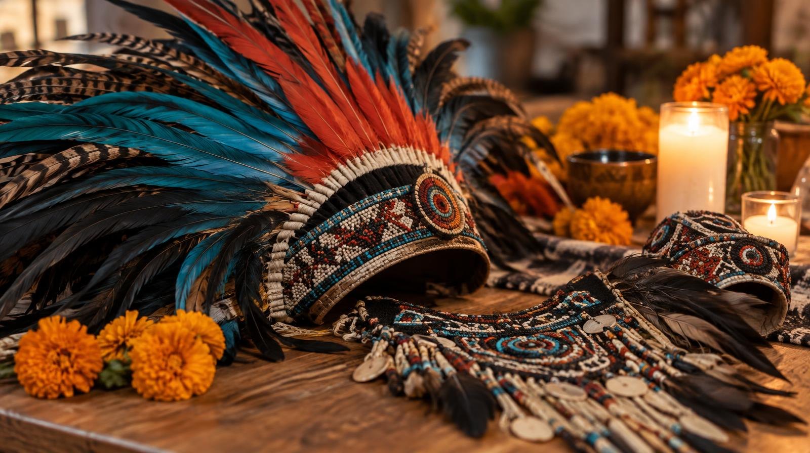Colorful feathered headdress and beaded costume beside marigold flowers and candles.