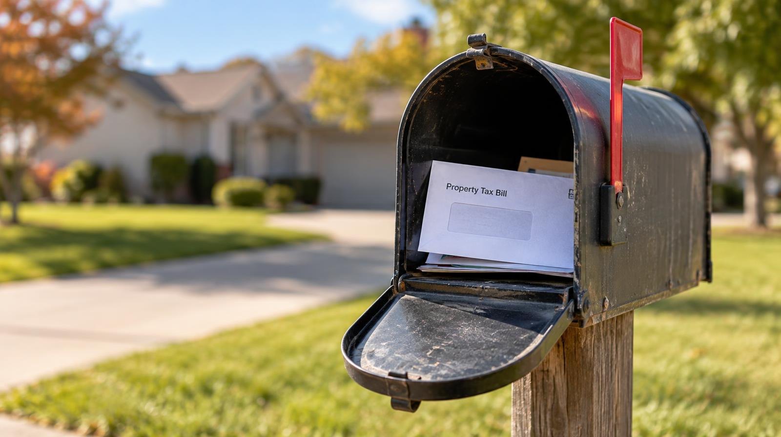A residential mailbox at the end of a suburban driveway on a sunny day.