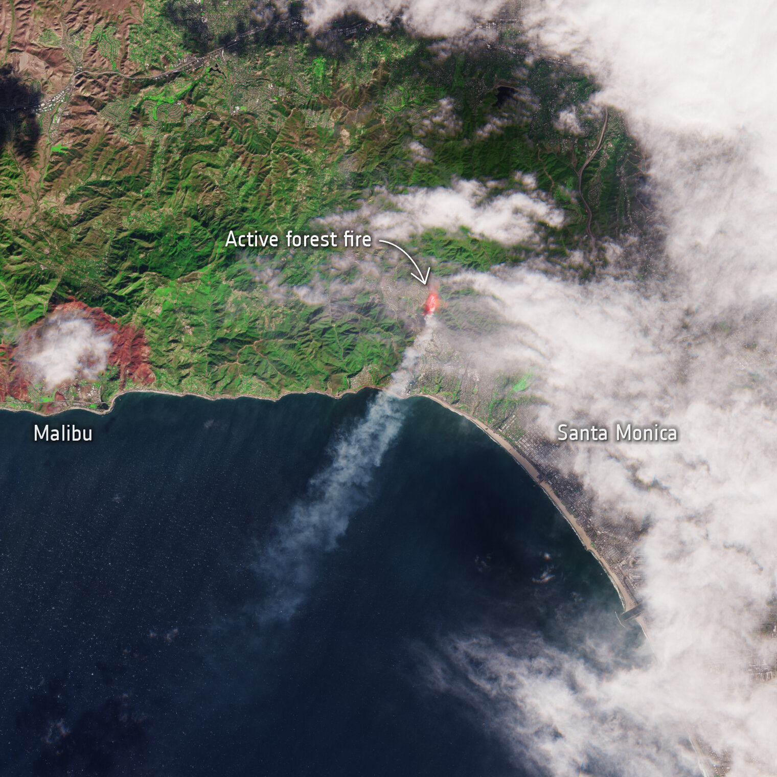 Satellite false-color image showing thick smoke rising from a wildfire along the Los Angeles coastline.