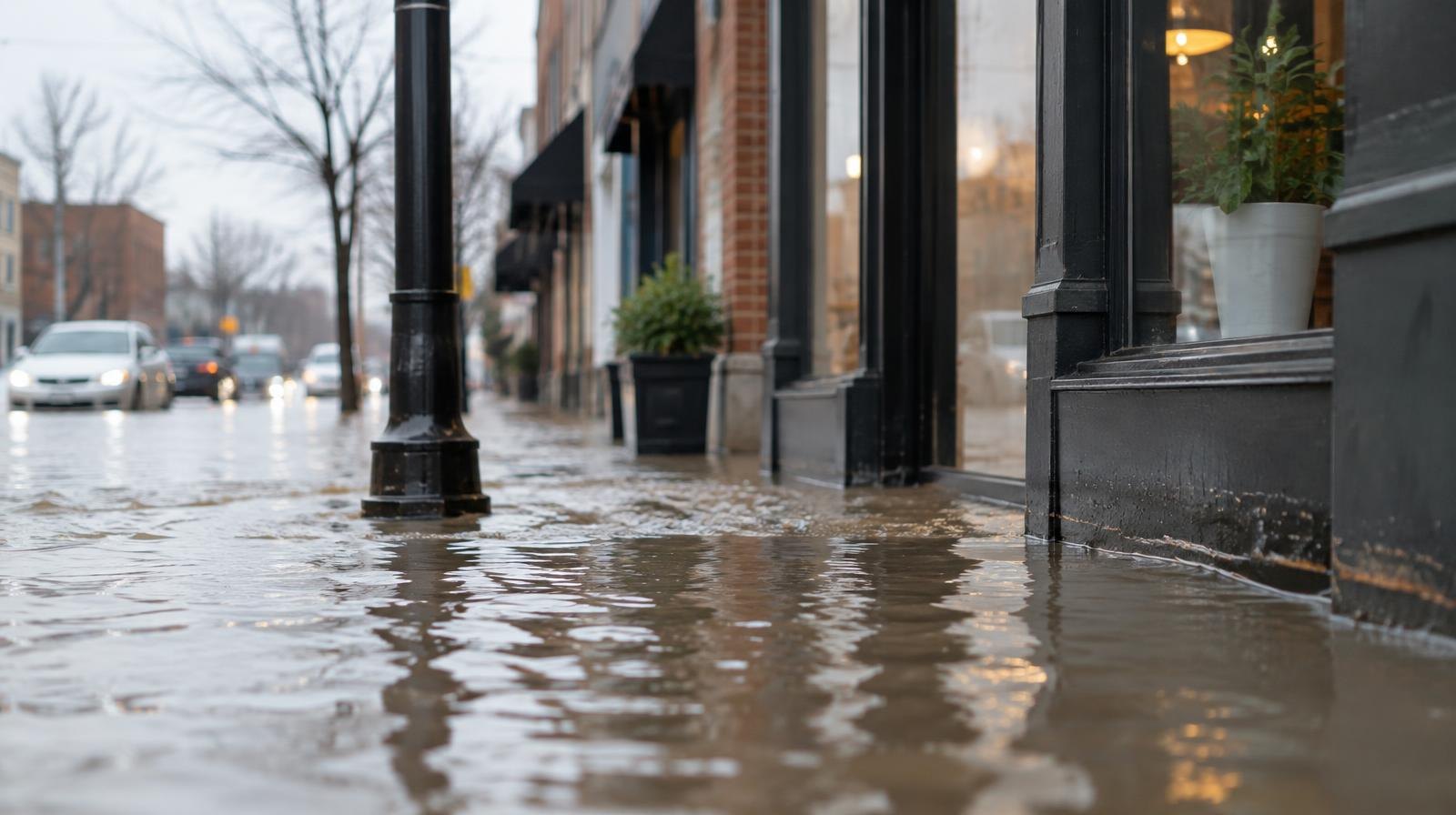 Floodwater rising over a curb along a commercial downtown street.