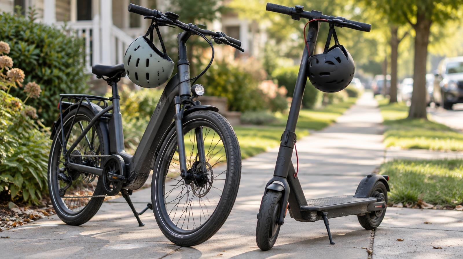 Electric bicycle and scooter parked side by side on a sidewalk with helmets on handlebars.