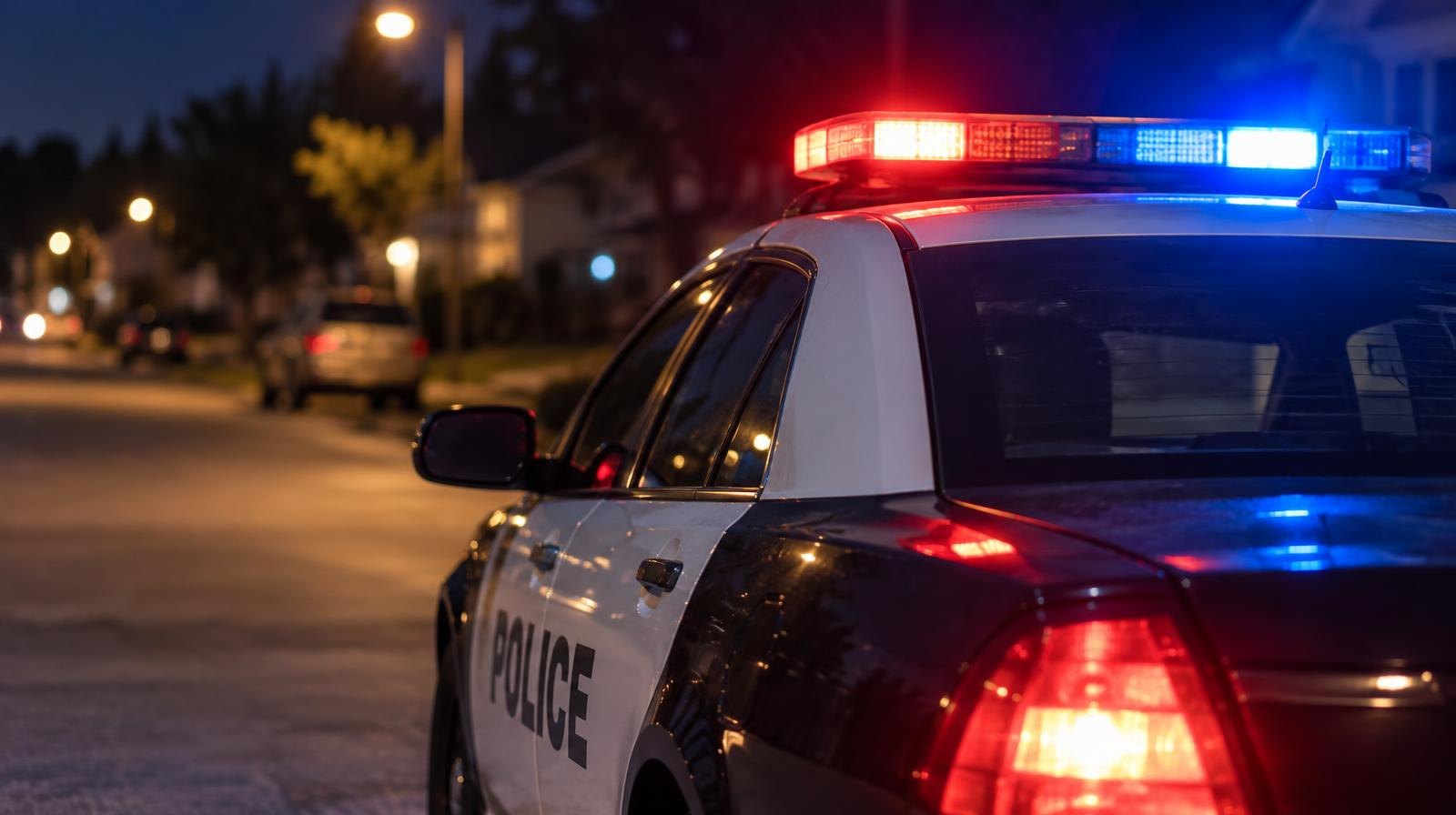 Police patrol car with red and blue roof lights illuminated on a dark street.