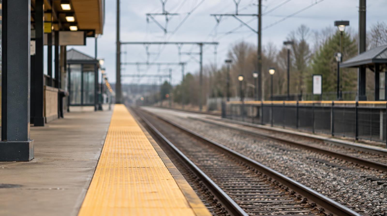 Empty commuter rail platform with yellow safety strip and overhead catenary wires.