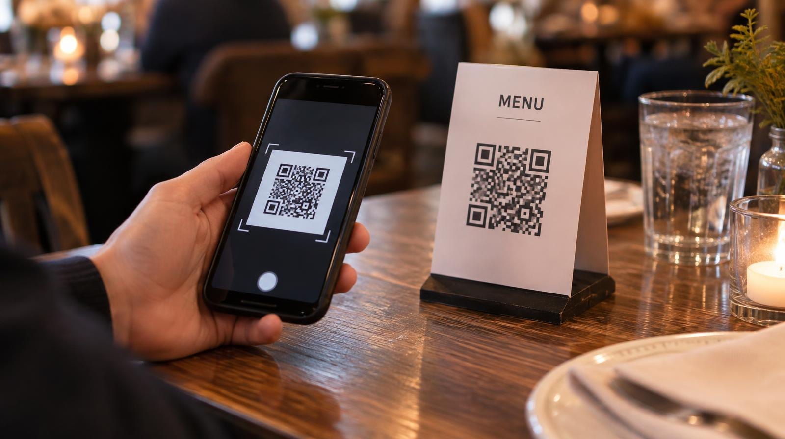 Smartphone scanning a QR code menu stand on a restaurant table.