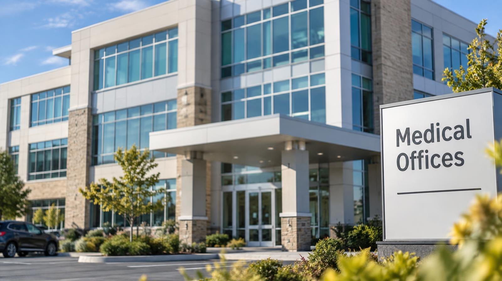Modern three-story medical office building with glass facade and parking lot.