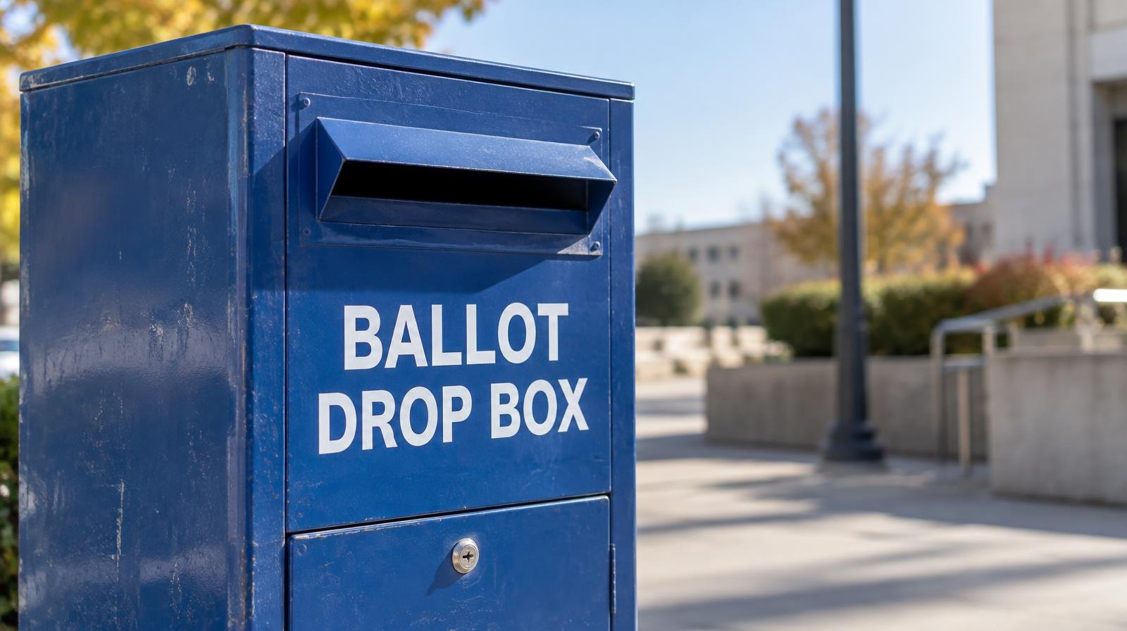Blue metal ballot drop box with a secure slot, mounted outdoors