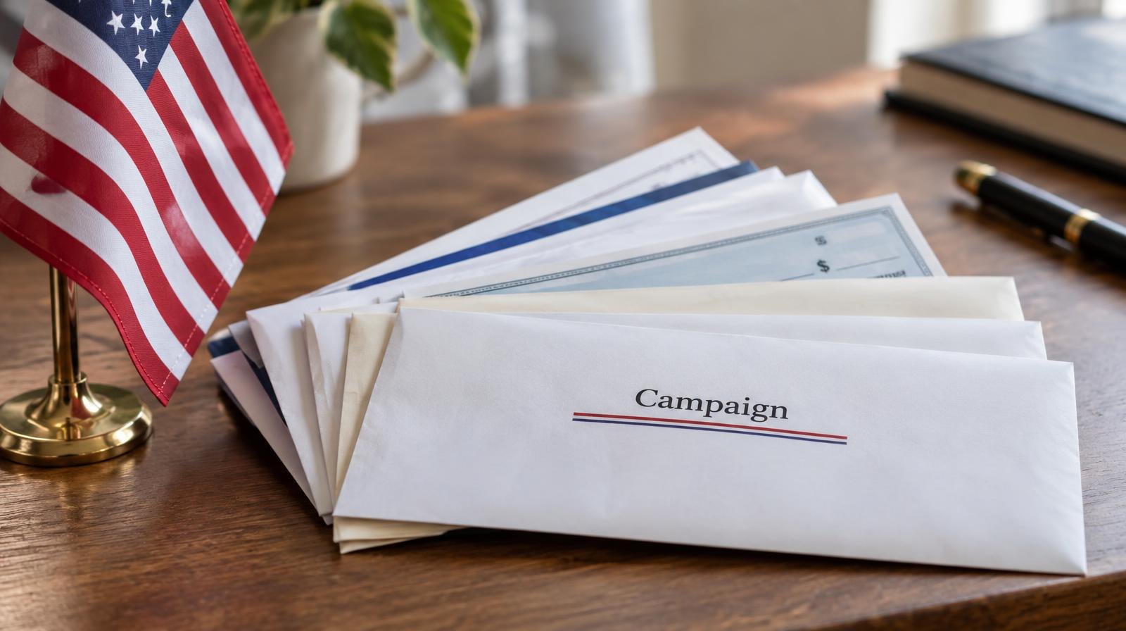 Stack of envelopes and checks fanned out on a wooden desk beside a small flag.