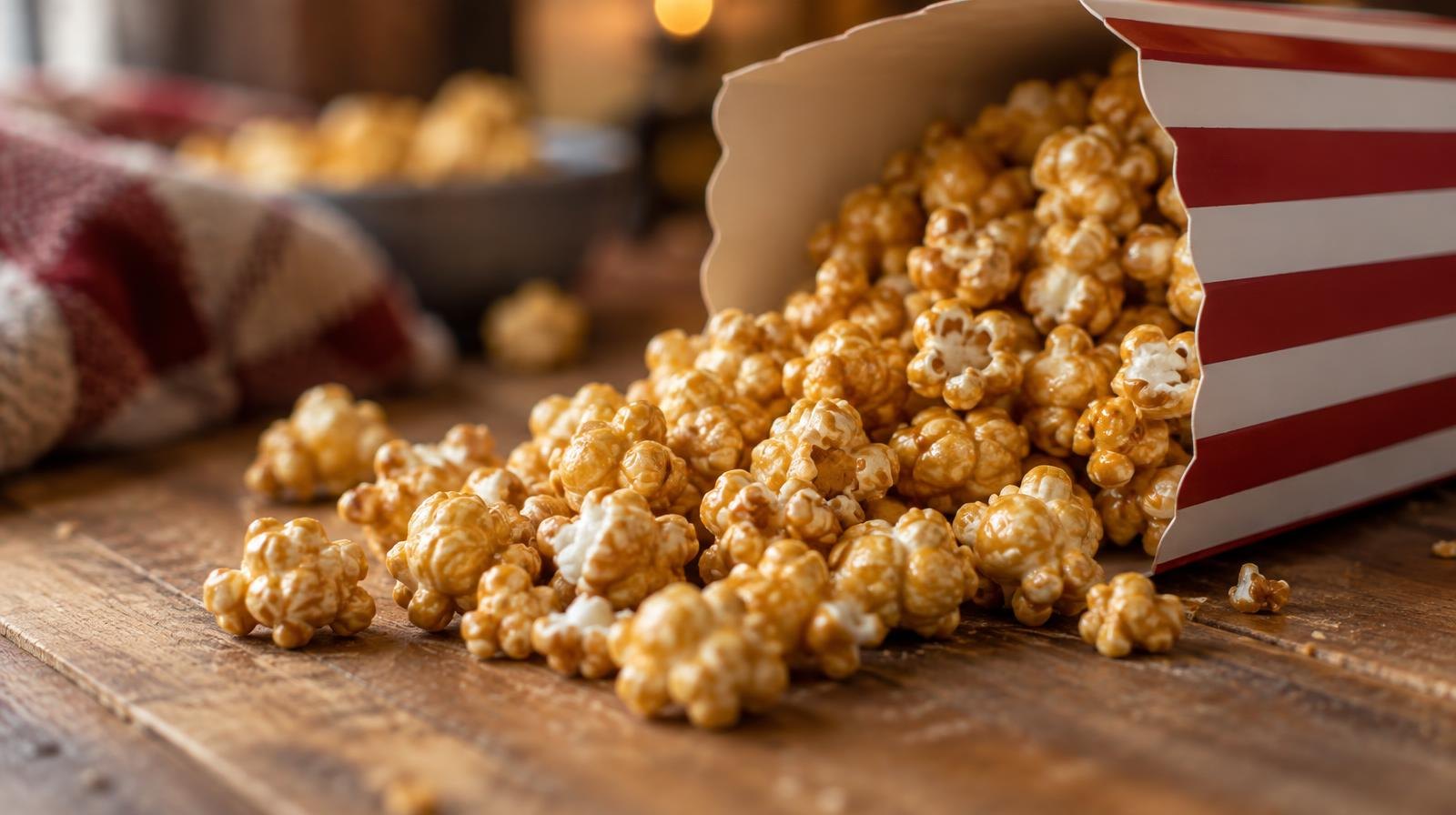 Striped paper box of caramel popcorn with golden kernels on a wooden surface.