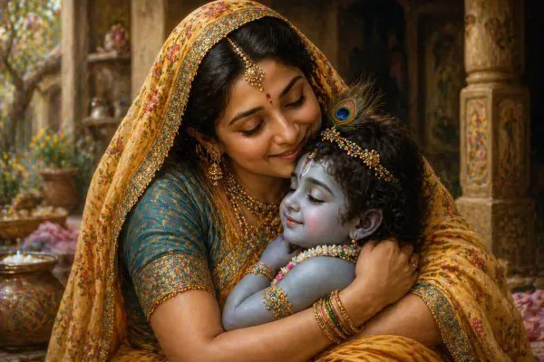 A woman in a sari holds a blue-skinned infant dressed in a peacock feather crown and floral garland.