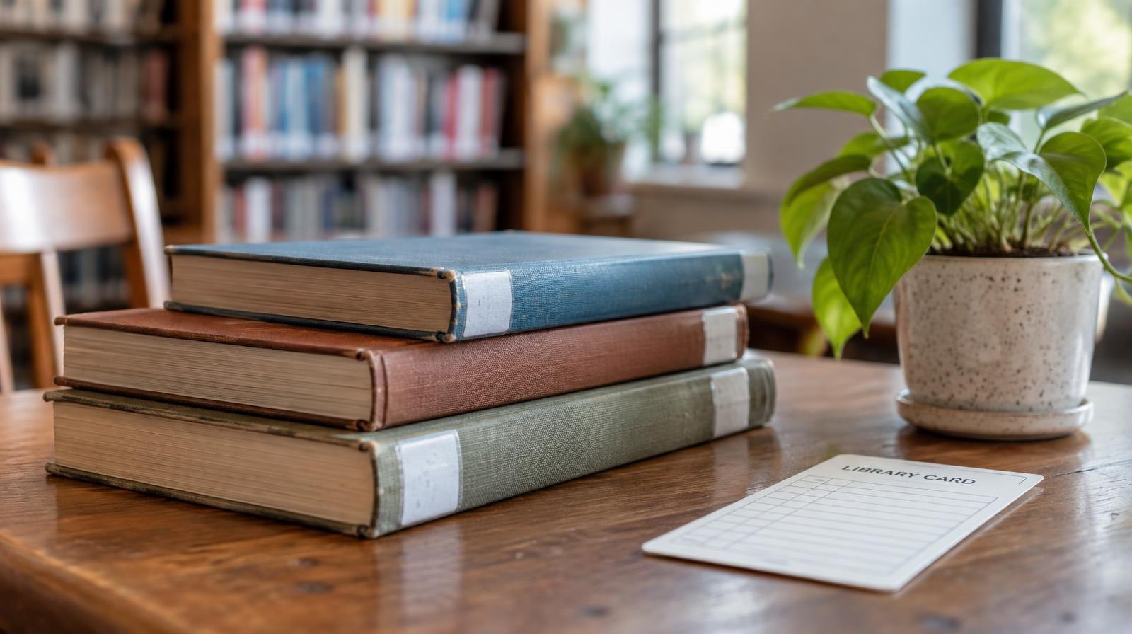 A stack of colorful library books on a wooden table beside a small potted plant.