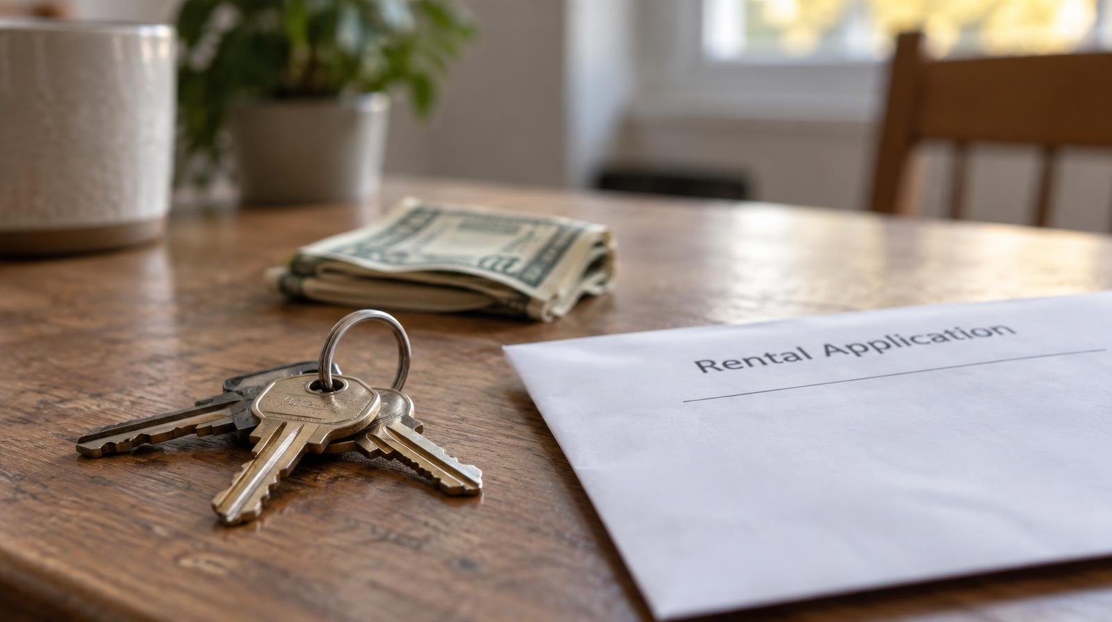 House keys and folded cash resting on a wooden table beside an envelope.