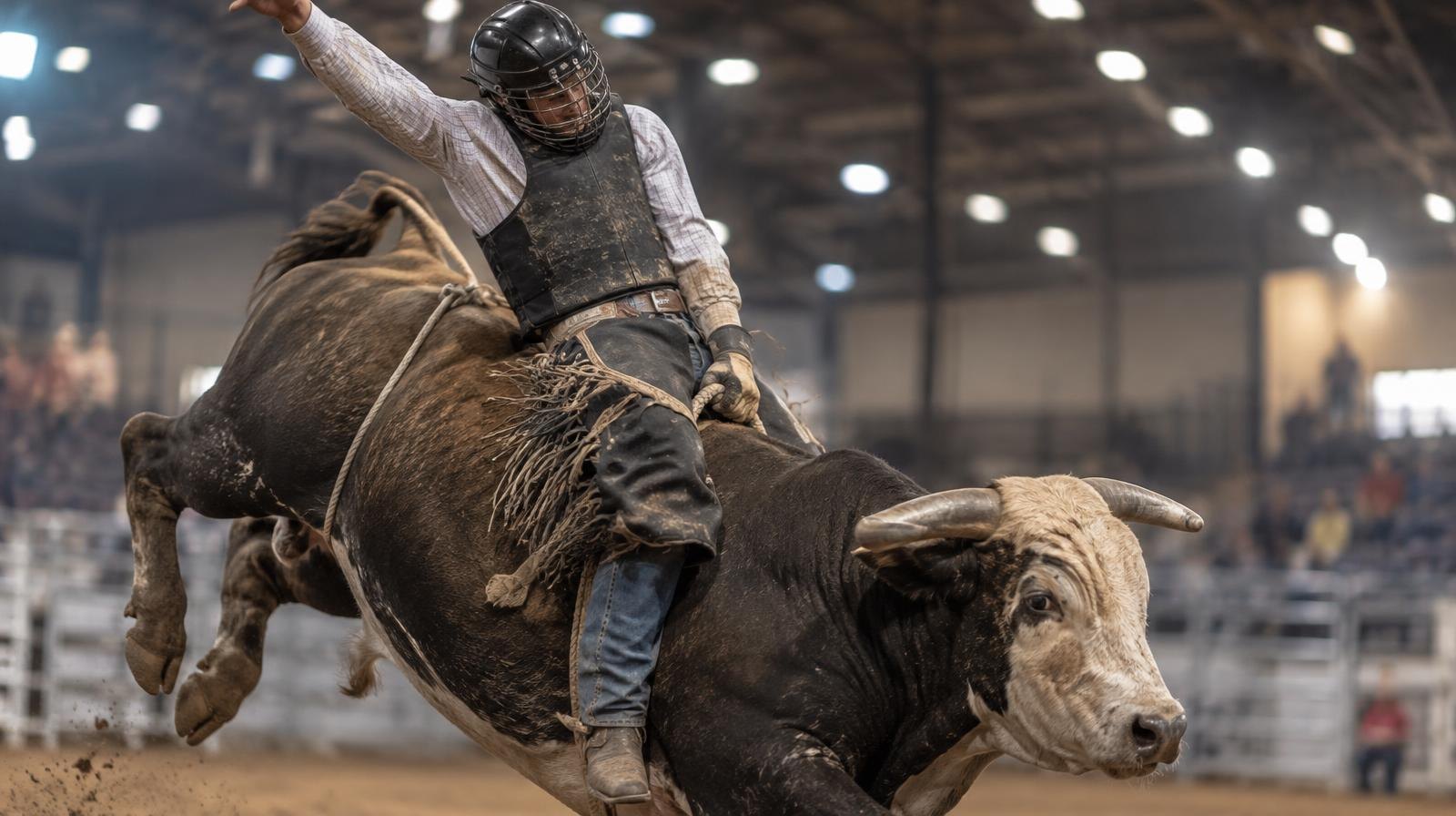 A cowboy in a protective vest grips a rope on a bucking bull under arena lights.