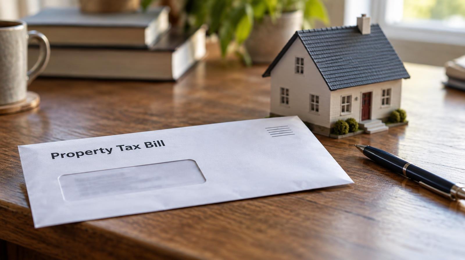 Small model house and pen beside an envelope on a wooden desk.