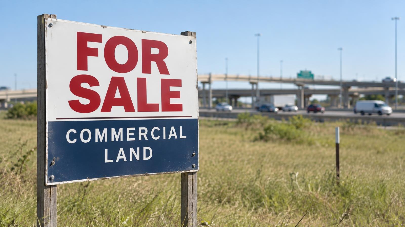 A for-sale sign stands in an open grassy field next to a highway interchange.