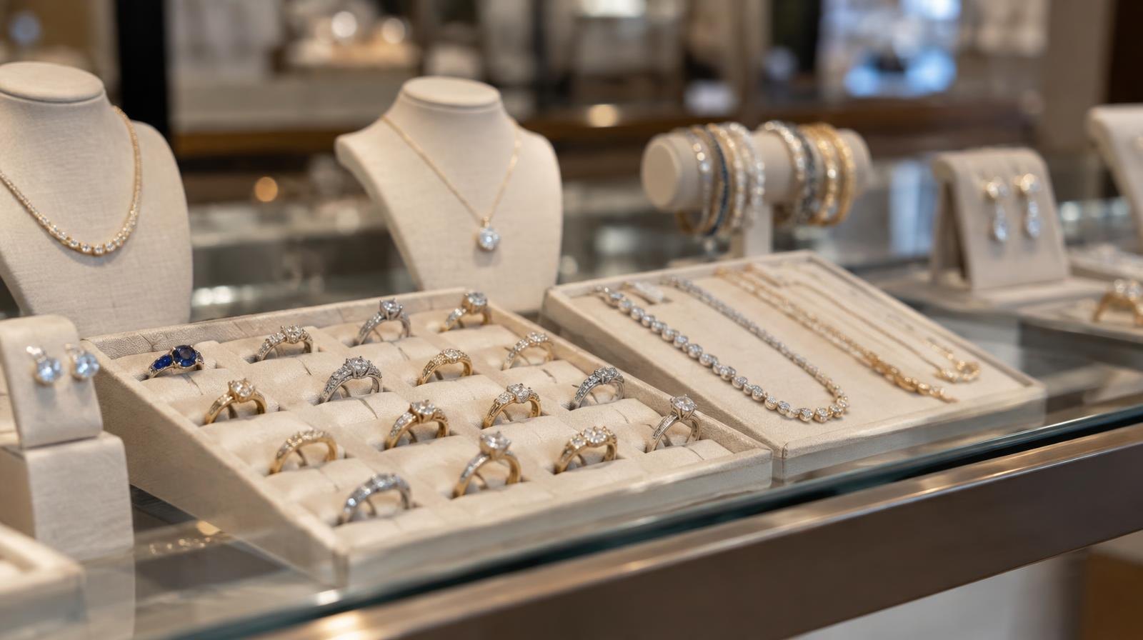 Glass jewelry display case filled with rings, necklaces, and bracelets under soft retail lighting.