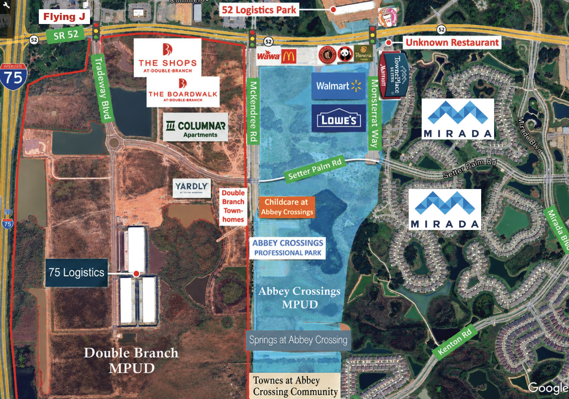 Annotated aerial map showing two large planned developments along a Florida highway.