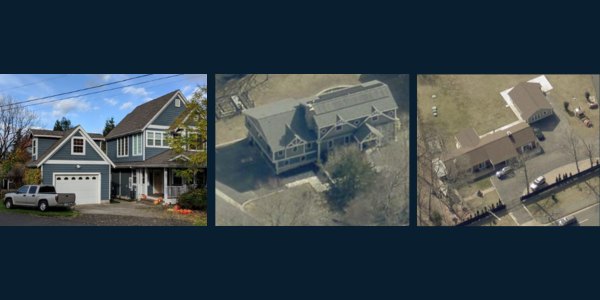 Three residential properties shown from ground level and aerial views, one with a detached structure.