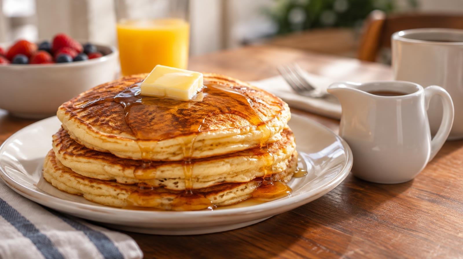 A stack of golden-brown pancakes on a white plate with a small syrup pitcher beside it.