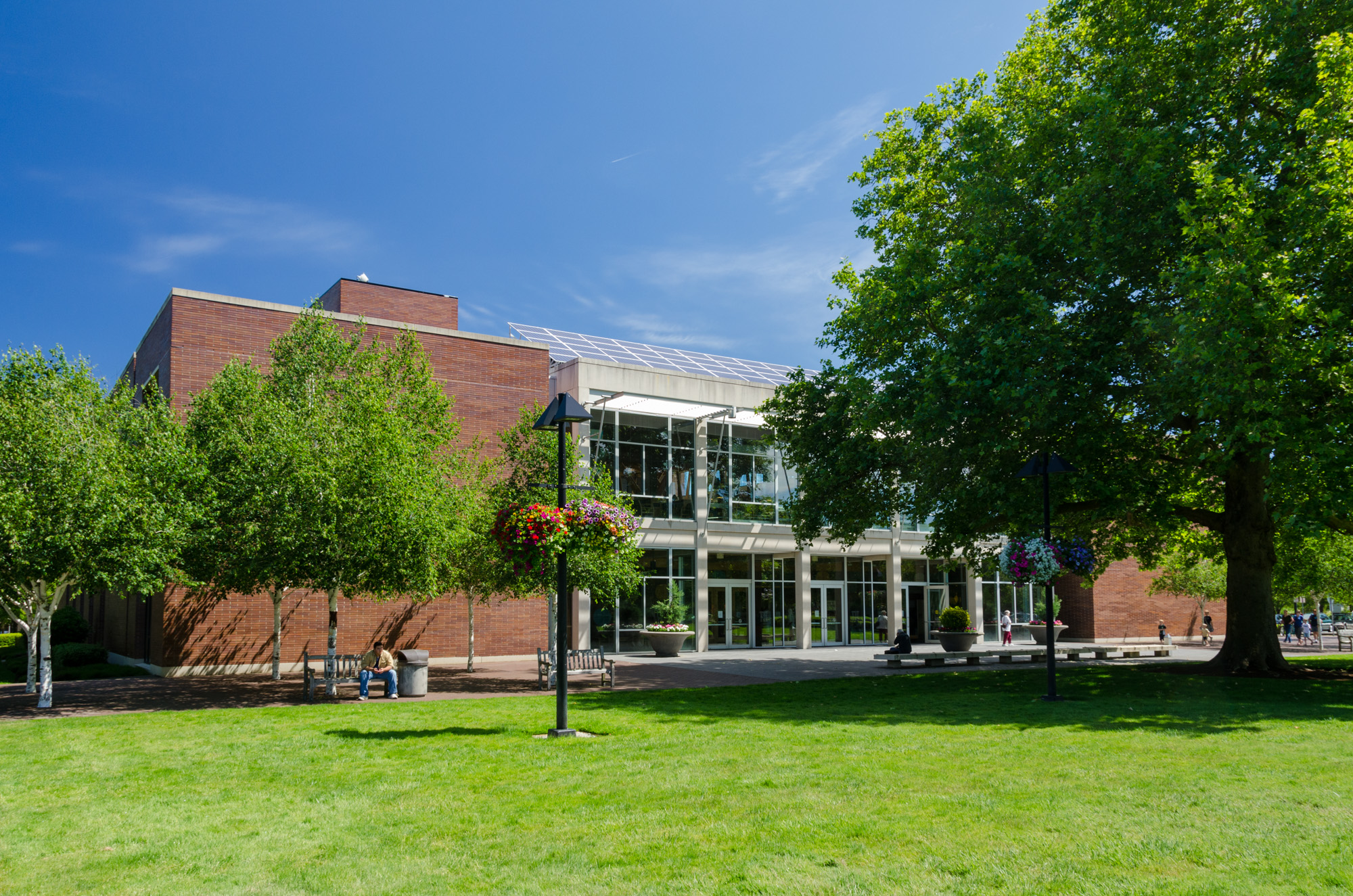 Brick and glass public library building on a sunny day, surrounded by green lawns and trees.