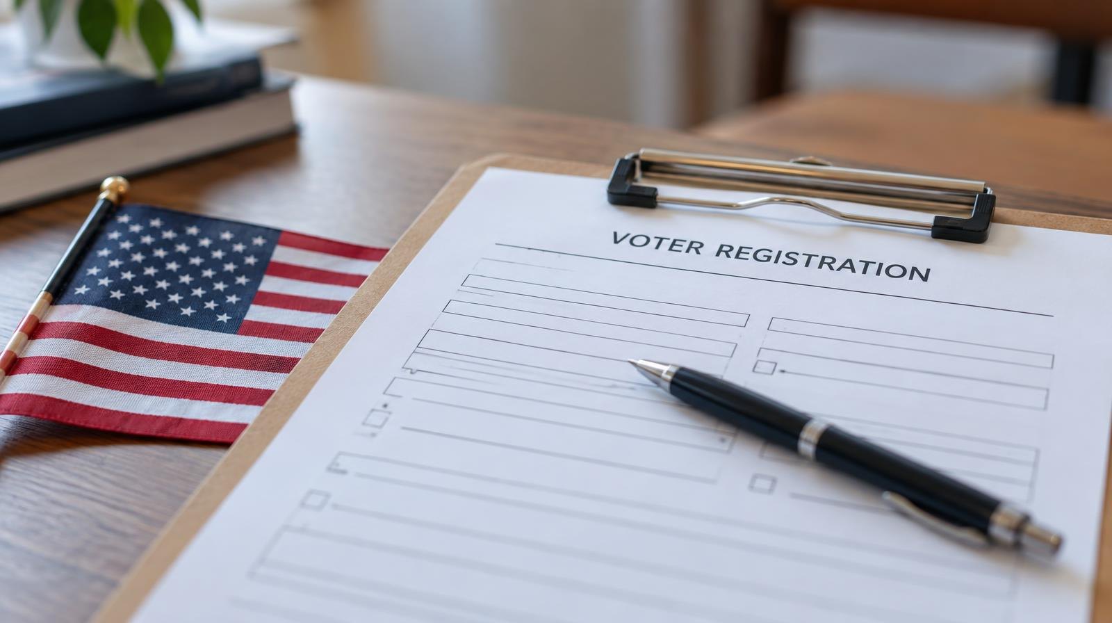 Blank voter registration form on a clipboard with a pen and small American flag on a table.
