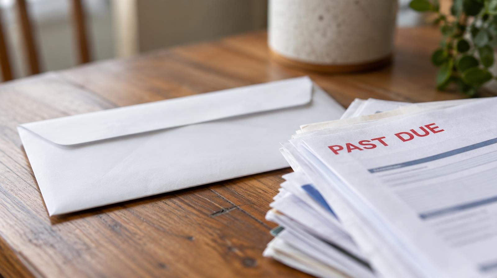 White envelope next to a small stack of medical bills on a wooden table.