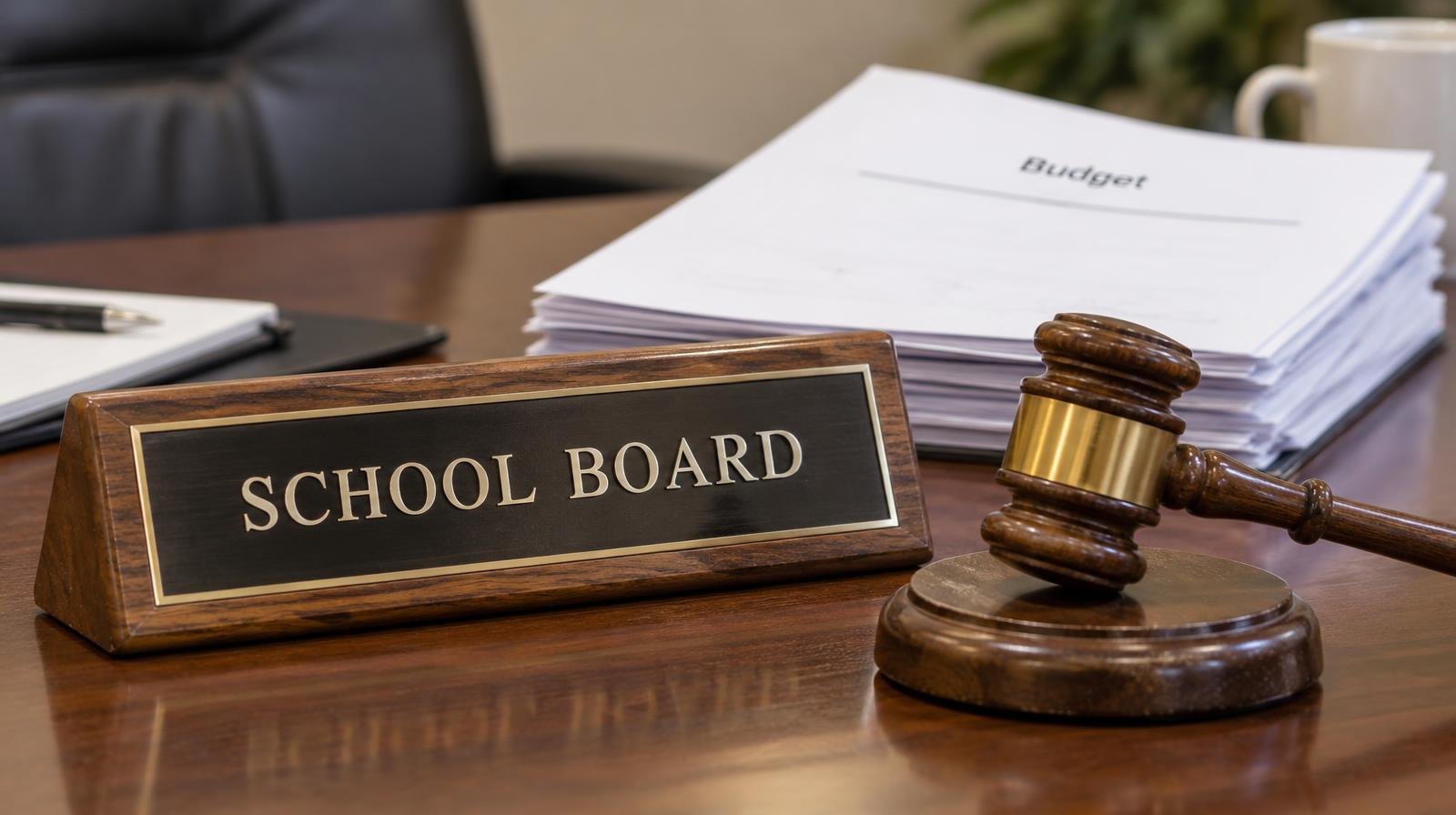 Wooden nameplate and gavel resting on a polished conference table.