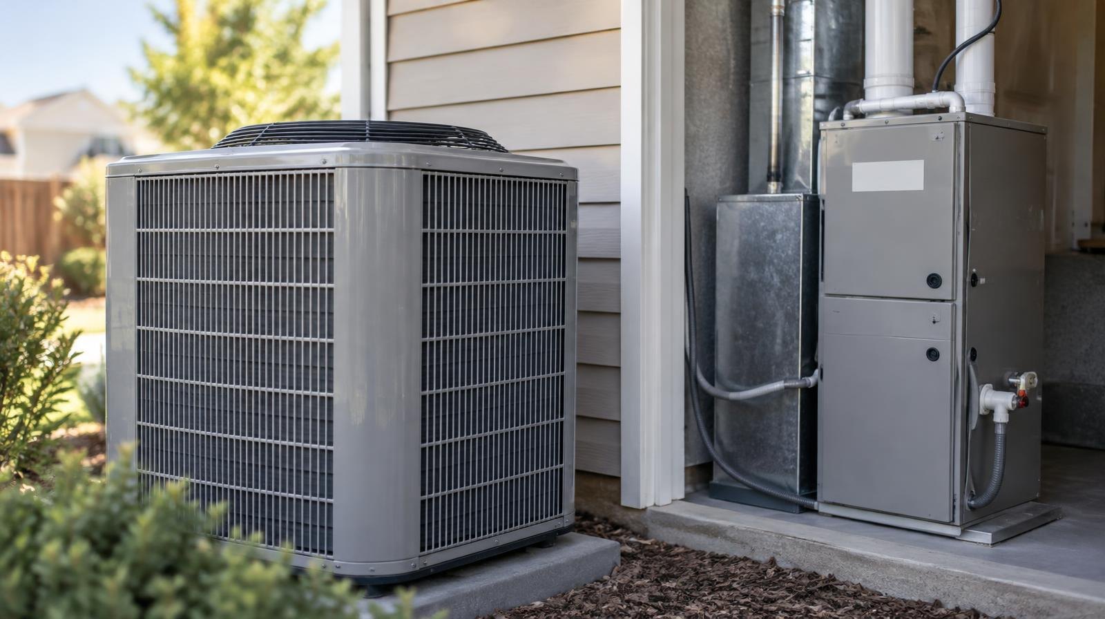 A modern outdoor air conditioning unit installed beside a house.