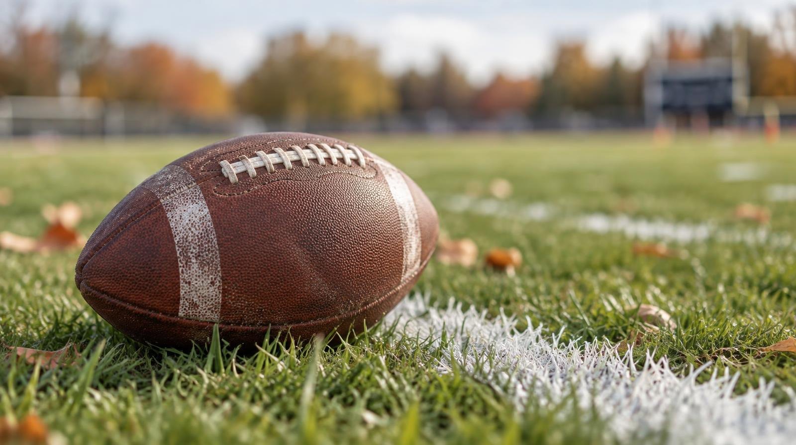 An American football resting on green grass beside a white yard line marker.