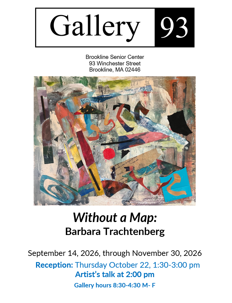 Promotional flyer for an abstract art exhibition featuring colorful mixed-media artwork and event details.