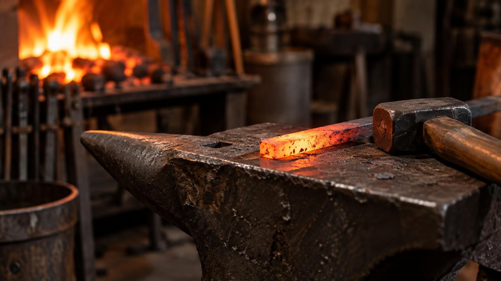 A glowing orange metal piece rests on an anvil beside a hammer, with forge fire in the background.