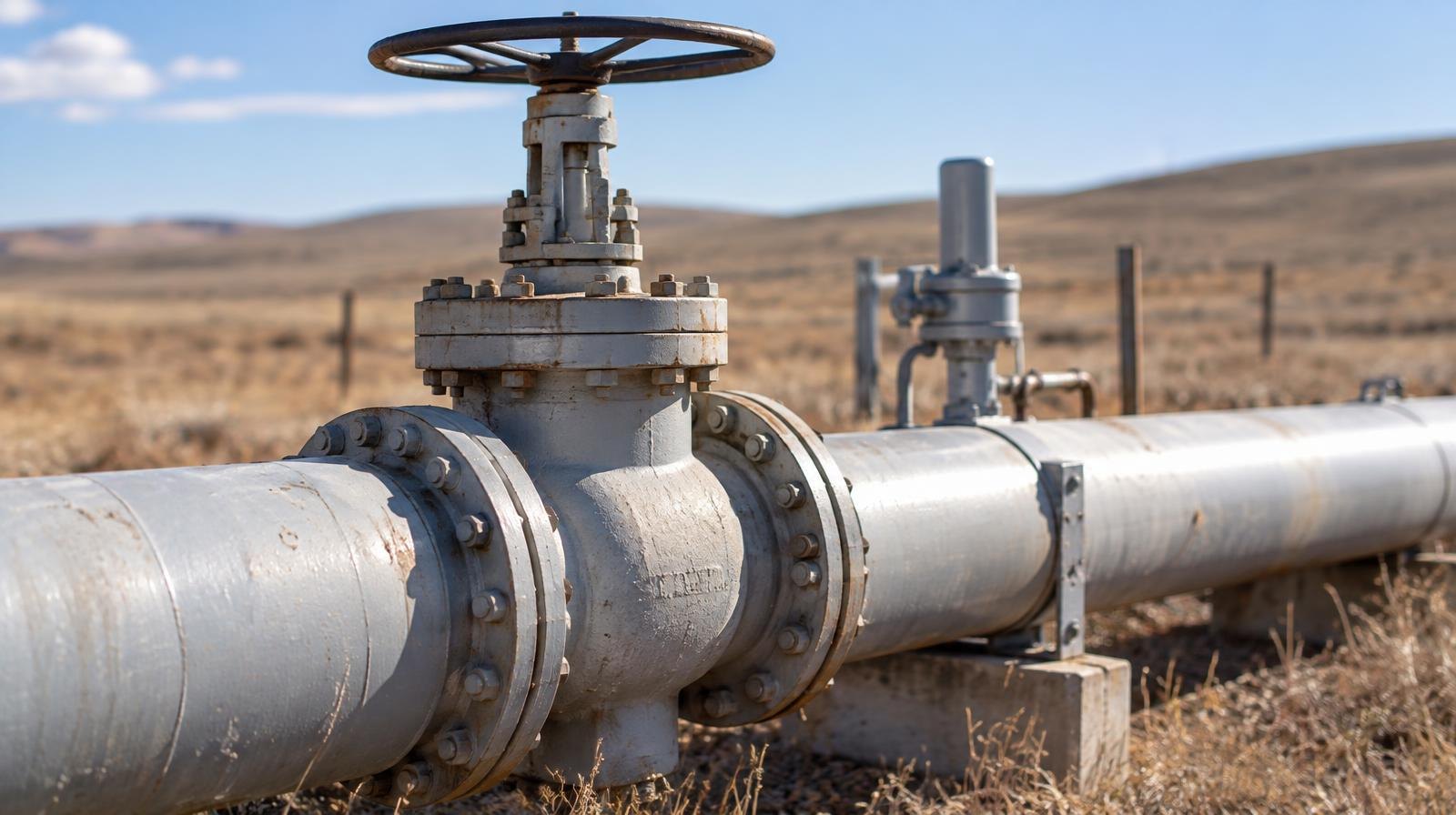 Large-diameter steel pipeline with valve assembly crossing dry open grassland.