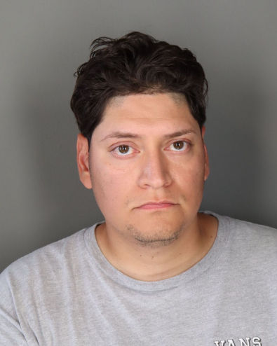 Booking photograph of a man in a light gray t-shirt against a gray background.