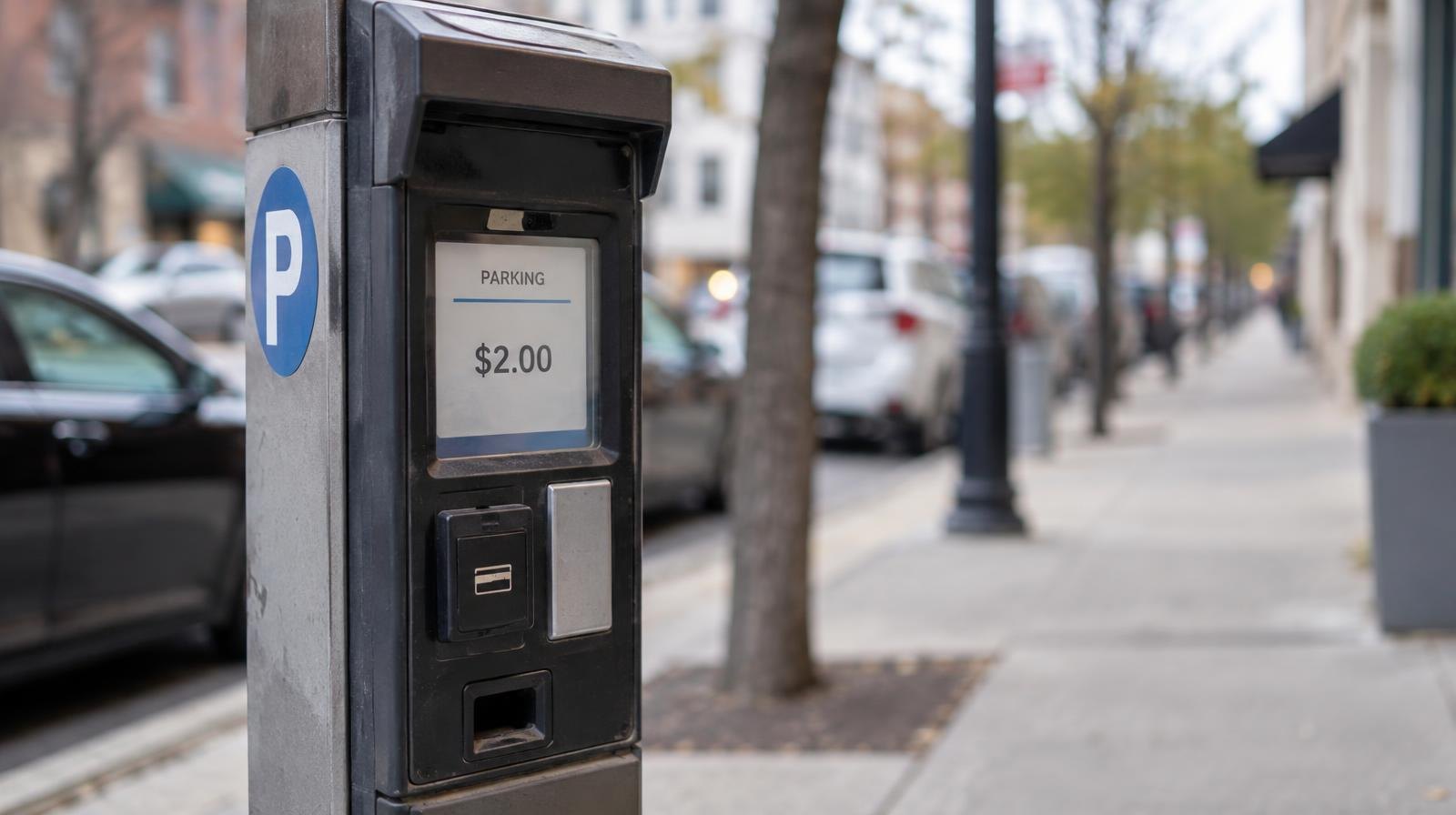 A modern parking pay station mounted on a metal post on a city sidewalk.