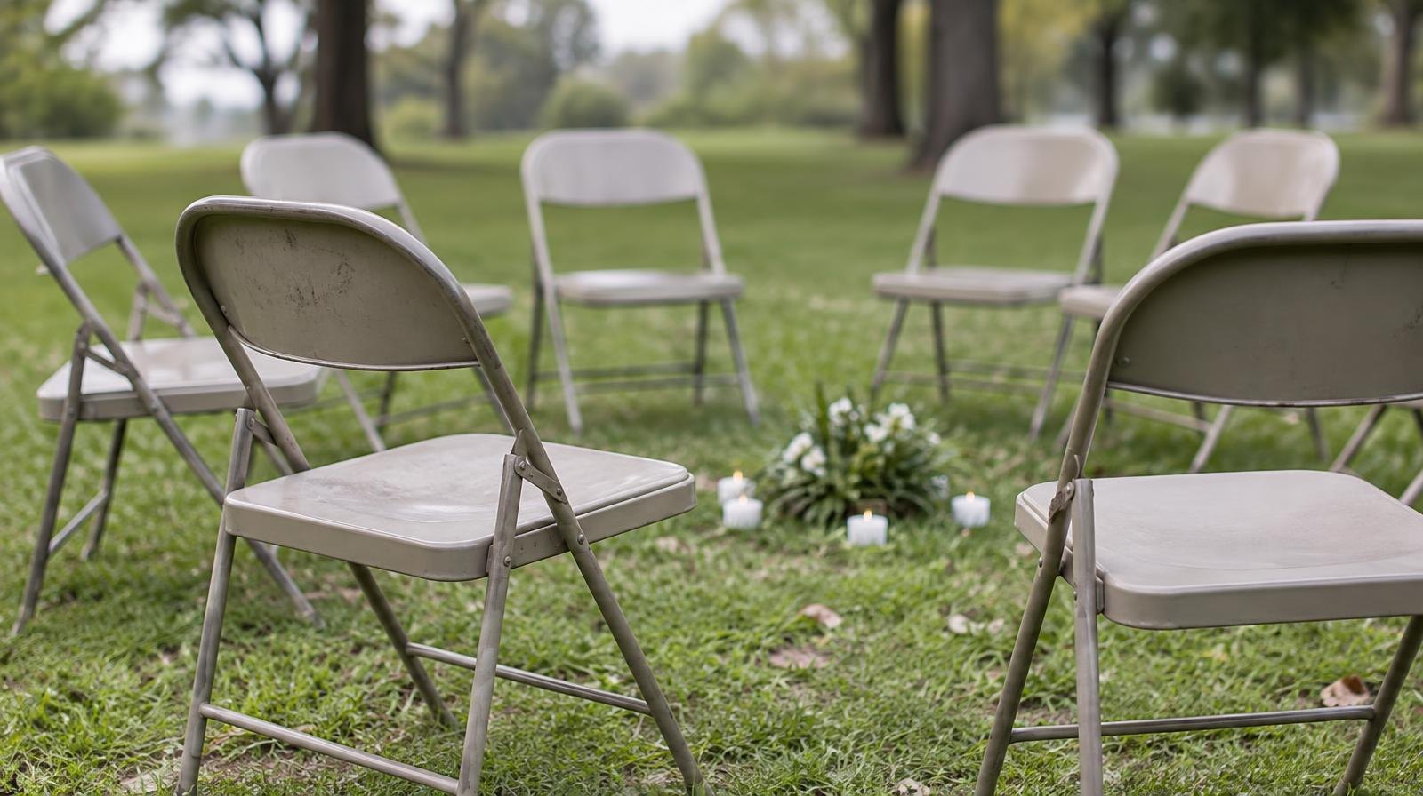 Empty folding chairs arranged in a circle on green grass outdoors.