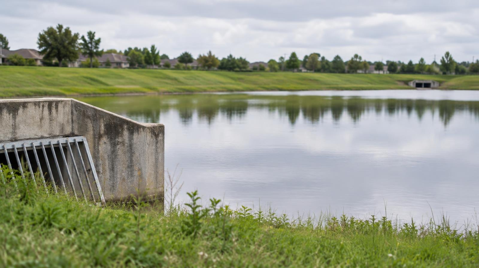 Wide stormwater detention basin with sloped earthen berms and calm water surface.