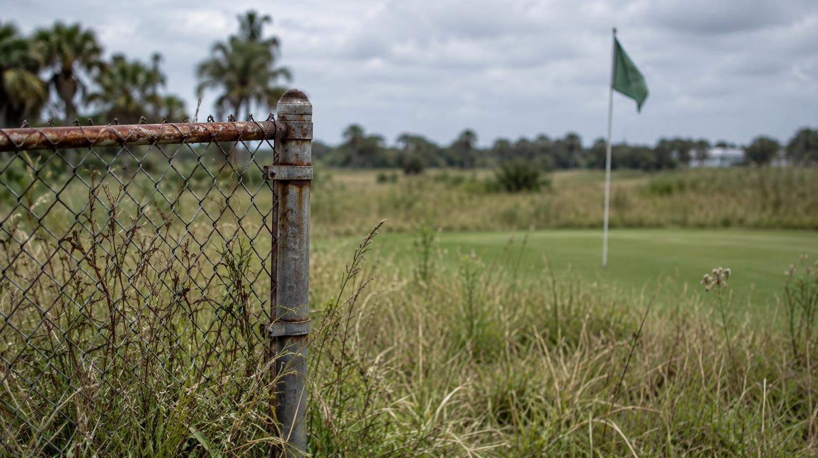 Overgrown golf course fairway with tall grass, chain-link fence, and faded flag.