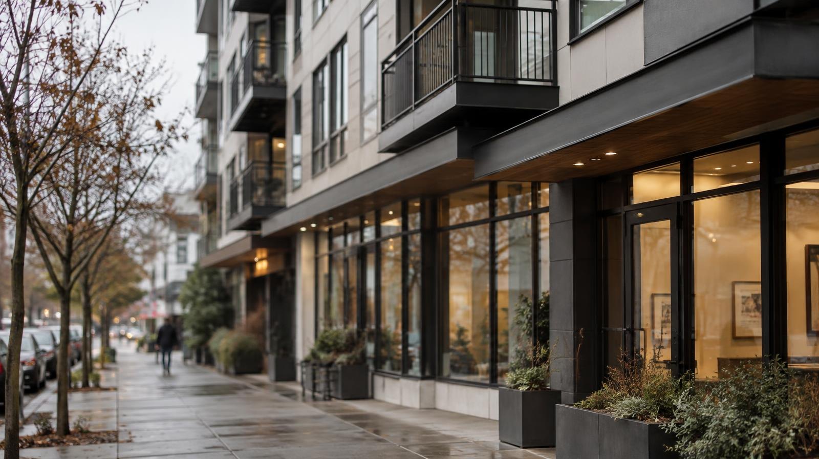 Modern mid-rise apartment building with large windows and ground-floor retail storefronts.