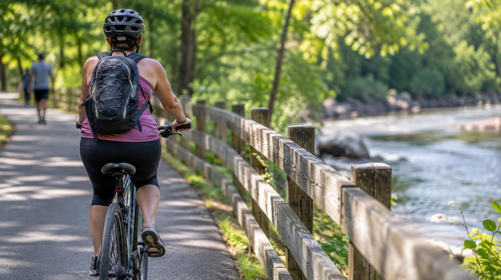 Paved trail with wooden railing winding through a green forest beside a river.